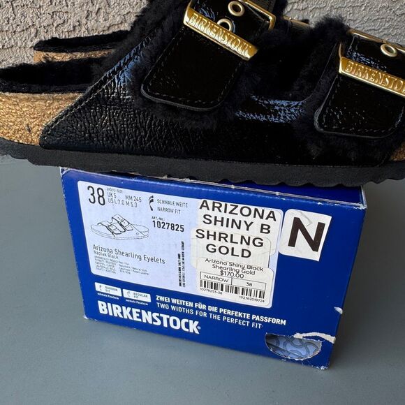 Birkenstock Arizona Shearling Eyelet Sandals Womens 38EU or 7US Shiny Black Gold - Picture 13 of 13